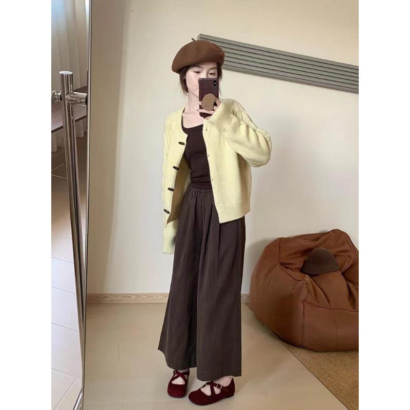 New retro horn button sweater jacket for women's casual simple crew neck cardigan jacket for women