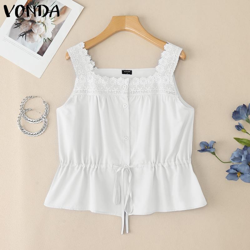 

VONDA Женские топы-майки без рукавов на бретелях, повседневные, с кружевной вязкой крючком, пэчворк, со шнурком на талии M белый