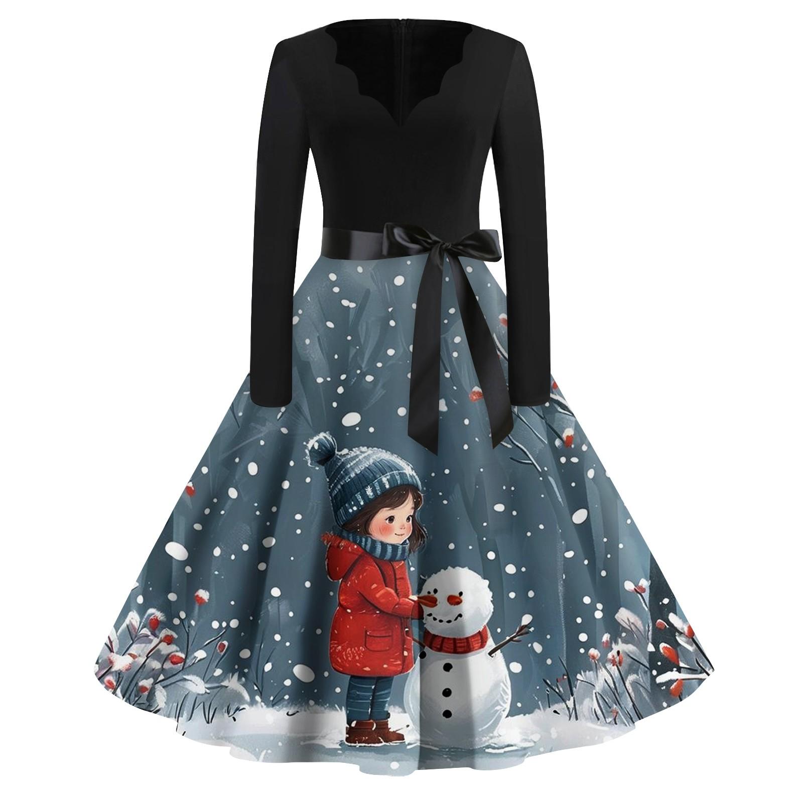 

Женская мода винтаж с длинным рукавом и V-образным вырезом с рождественским принтом вечерние платья платья M циан