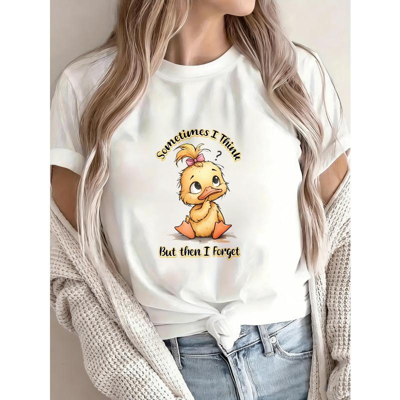 Cute Duck Print T-Shirt White Cartoon Duck With Text Sometimes I Think But Then I Forget Casual Summer Top For Women