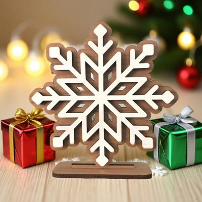 Wooden Snowflake Christmas Ornament Double-Layer 3D Design Hexagonal Shape Statue with Stable Base Table Decor