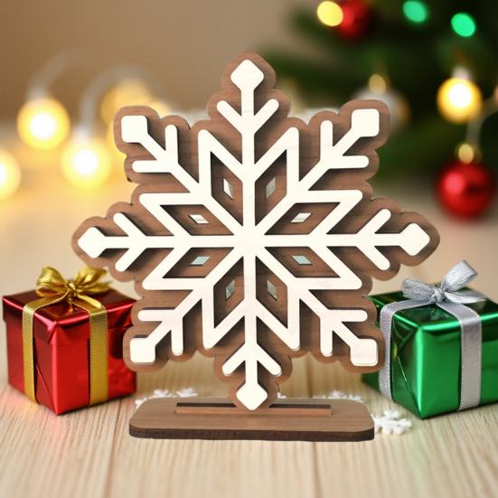 Drewniana Ozdoba Świąteczna Płatek Śniegu Dwuwarstwowa Konstrukcja 3D Sześciokątny Kształt Statuetka ze Stabilną Podstawą Stół