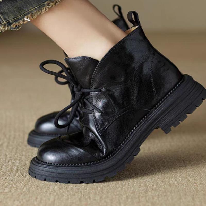 Novas Botas Femininas Outono Inverno 2025 Genuínas Casuais Sapatos Femininos Bico Redondo Salto Grosso Cadarço Botas de Tornozelo de Montaria