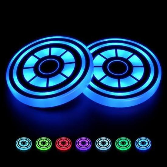 2PCS LED Car Cup Holder Lights – 7-Color Changing, Rechargeable Car Cup Holder Coaster Lights With Vibration Sensor – Cool Car Accessories For