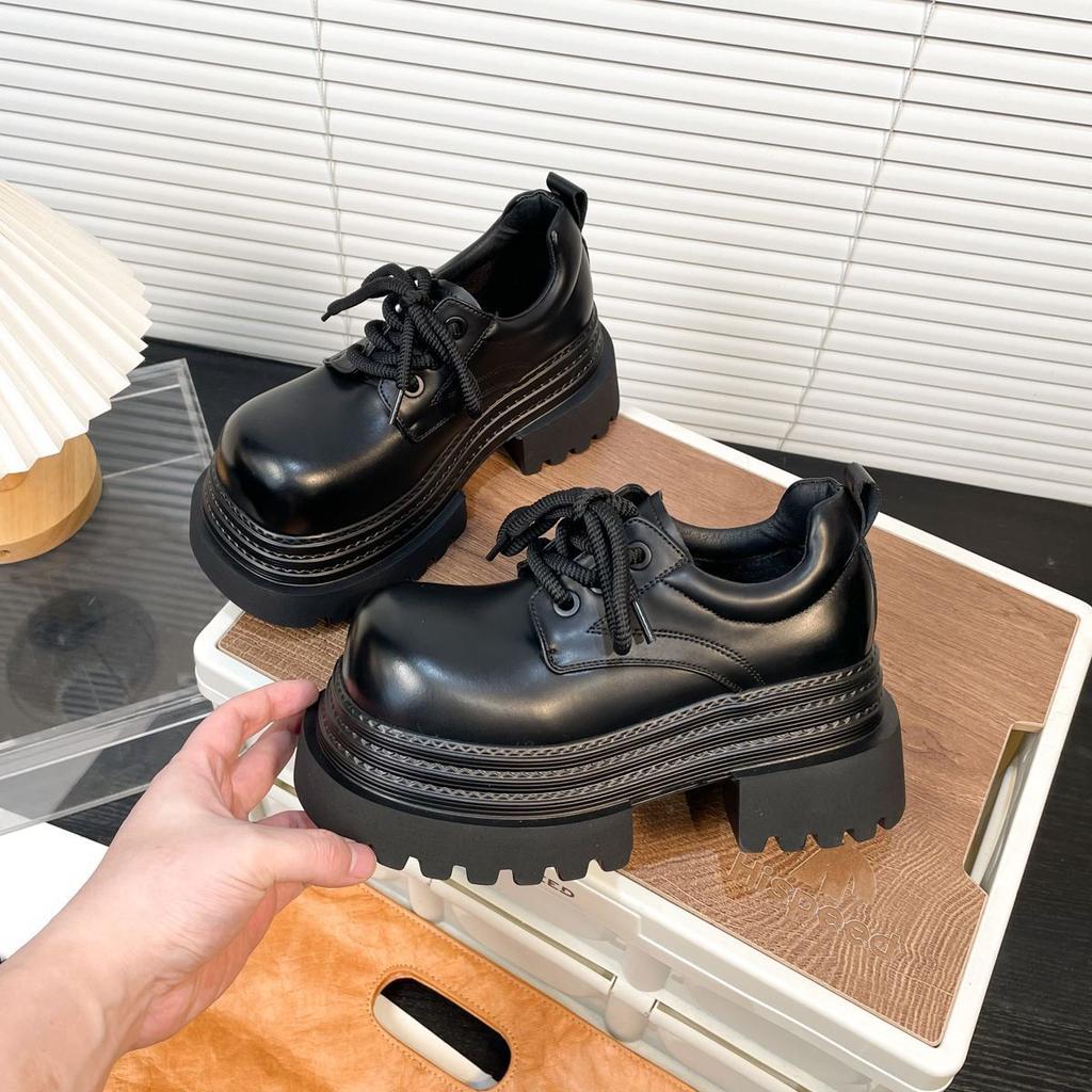 Thick-soled Big Head JK Small Leather Shoes Women's Small Lace-up Loafers Derby Shoes British Style Single Shoes Cotton Shoes Tide