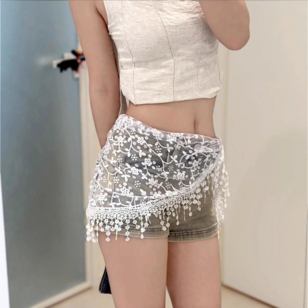 Hollowed-out Tassel Hip Curtain Lace Trim Triangular Headscarf New Apron Wrap Skirt  for Women