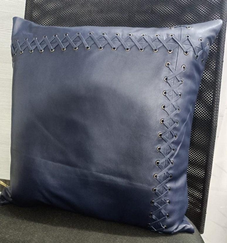 Lambskin Leather Pillow Cover -Navy Blue | Square Cushion Cover | BRAIDED Leather Throw Case Cover For Sofa Décor CRISS Crossed Laced - BLUE