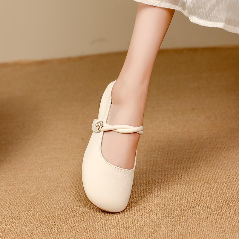 

Женские летние французские туфли Мэри Джейн 2024: Туфли на низком каблуке с круглым носком и юбкой, массивный каблук, нескользящая мягкая подошва. 35 белый/кремовый