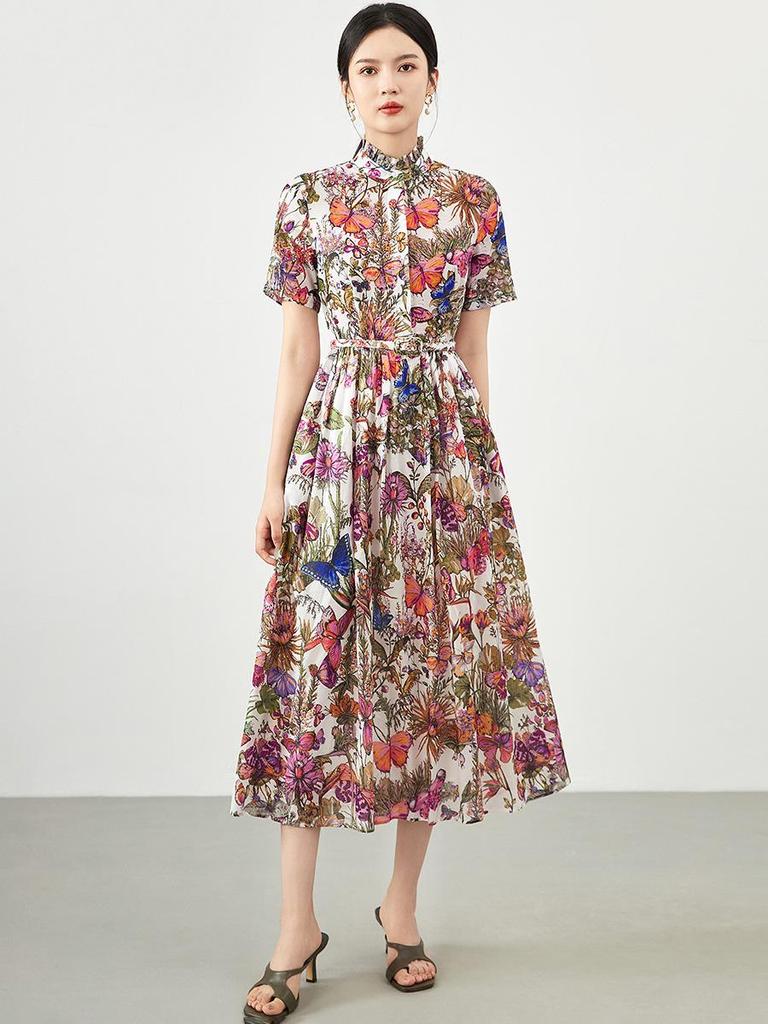 Elegantes A-Linien-Kleid mit floralem Muster im französischen Stil und taillierter Silhouette