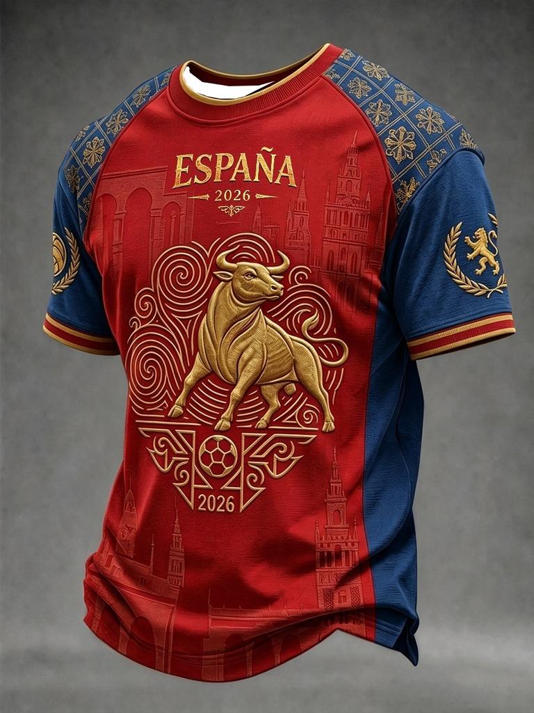 2026 Spanien Nationalmannschaft Flagge, Fans Fußballtrikot, Löwe Retro 3D Schnelltrocknend Sportlich Lässig Herren Oberteil T-Shirt