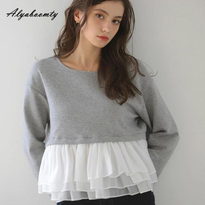 Korean Style Spring Autumn Women Hoodies O Neck White Gray Black Patchwork Mesh Ruffles Sweatshirt Casual Loose Ladies' Stylish Top
