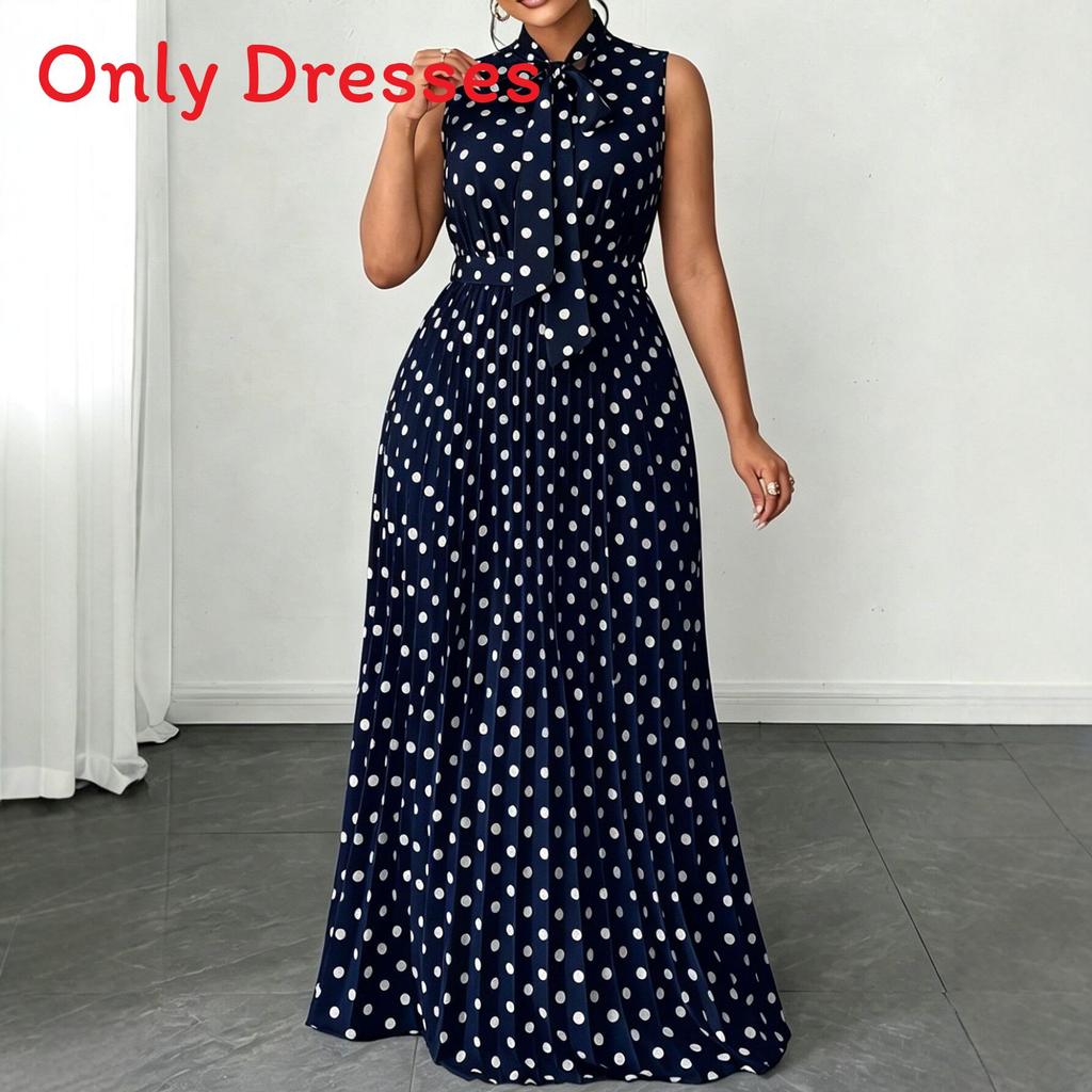 Elegantes ärmelloses Polka-Dot-Kleid mit Bindeband für Sommerreisen und Freizeit