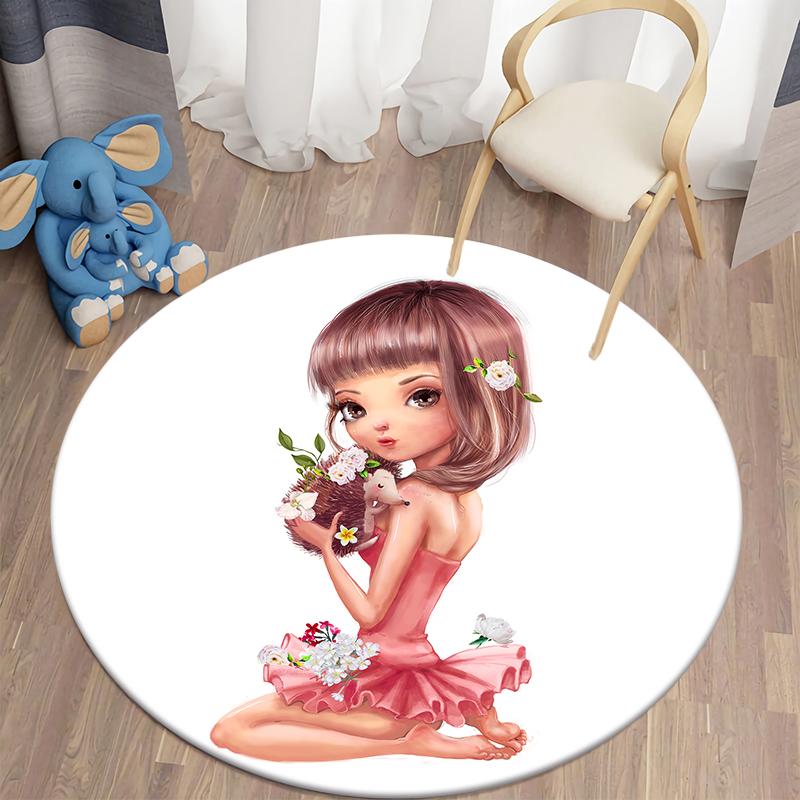 Floor Mat Animal Little Girl Cute Round Rug Mat Living Room Rug Children's Room Decoration Door Mat Pet Mat