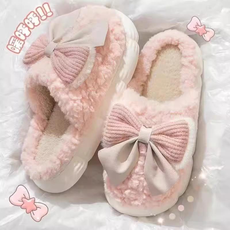 Bow cotton slippers women's winter new indoor home thick bottom non-slip warm fluffy slippers women