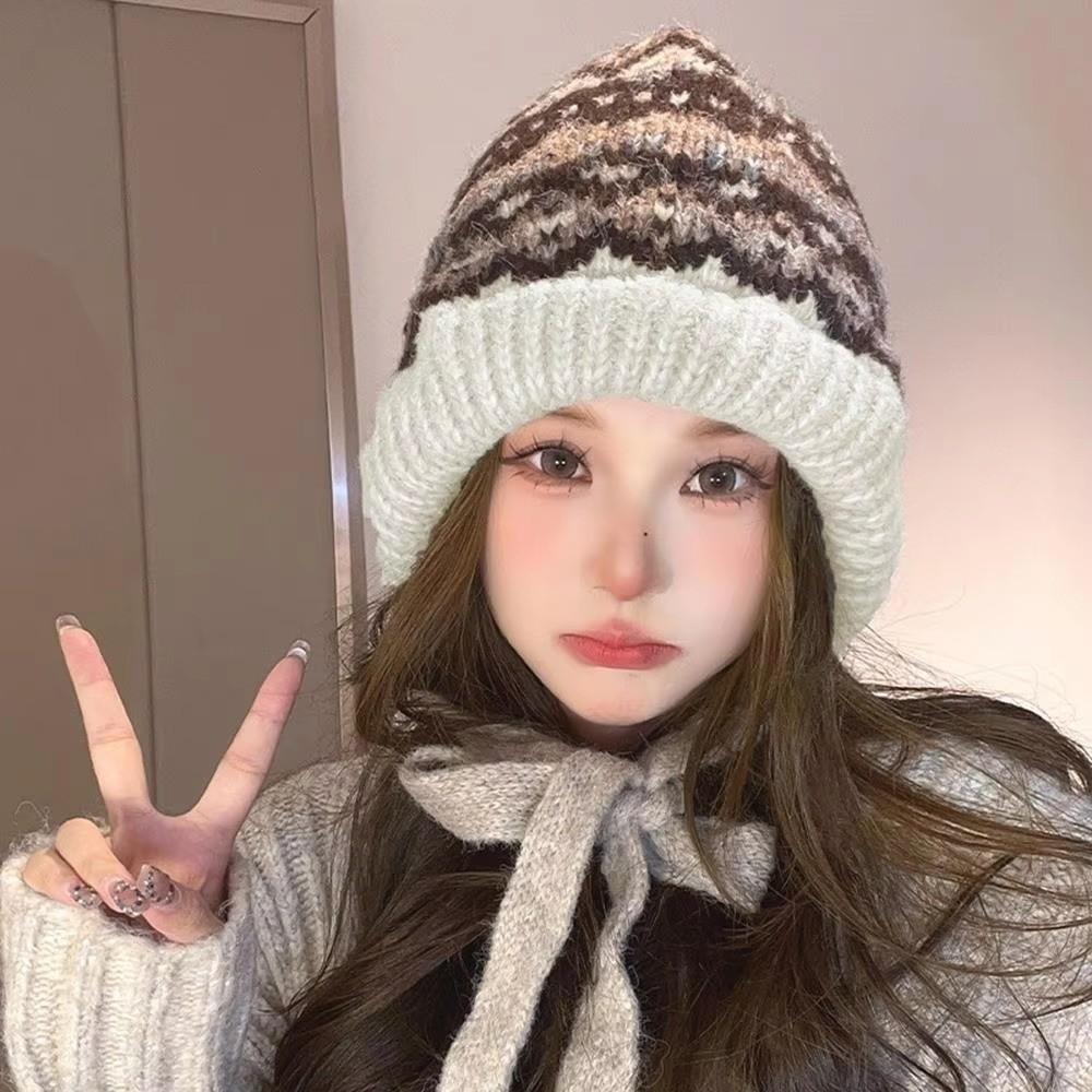 Fashion Striped Knitted Woolen Hat Ethnic Style Thickened Ear Flap Cap Windproof Cold-proof Beanie Cap Winter