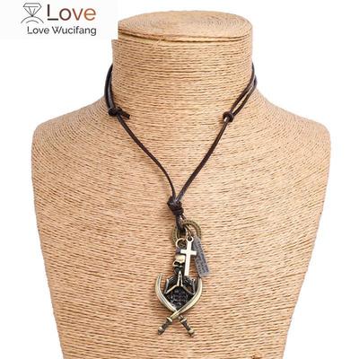 Vintage Genuine Leather Men Necklace Male Skeleton Pendant Jewelry Chain For Men Collar Long Leather Cord Punk Style Necklace