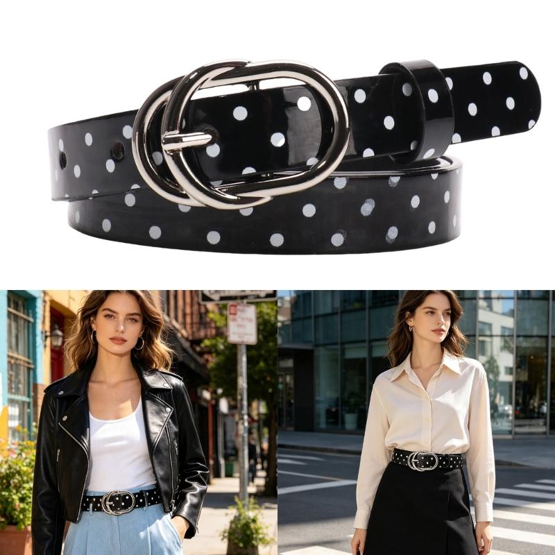 Glossy Dot Print Waist Belt with Oval Pin Closure, Adjustable Skinny Belt for Jeans, Skirts, Dresses, and Daily Styling