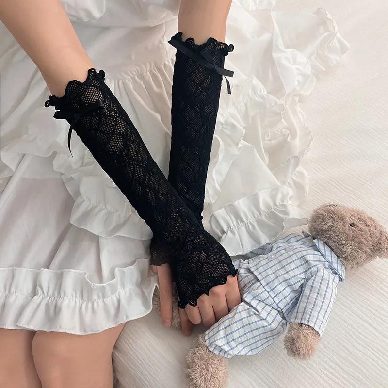 Lace Ruffle Y2k Gloves Fingerless Gloves Mittens JK Lolita Kawaii Women Mesh Fishnet Bowknot Black White Gloves UV Protection