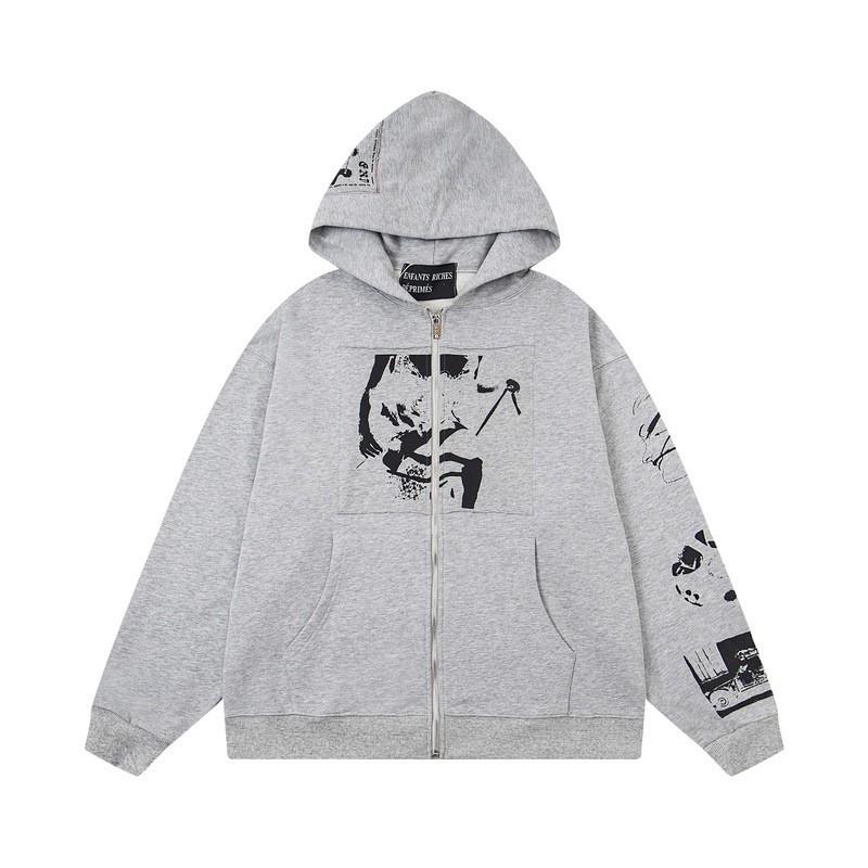 Erkek Geniş Kesim Pamuklu Kapüşonlu Fermuarlı Sweatshirt Sokak Giyim Günlük Harf Baskılı Uzun Kollu Tişört