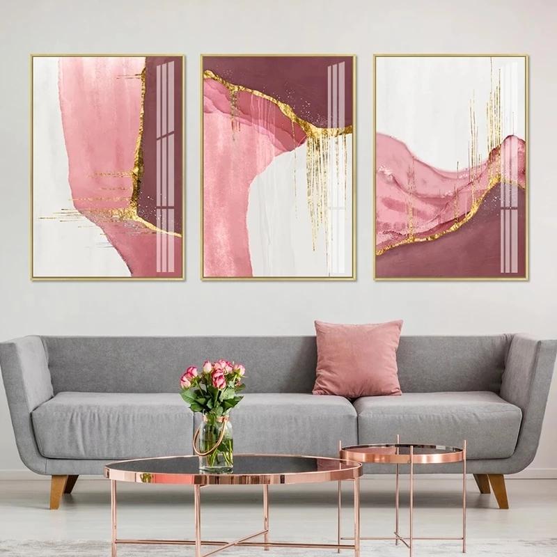 Abstract Gold Foil Modern Lines Pink Canvas Art Paintings For Living Room Bedroom Posters And Prints Wall Poster Home Decor