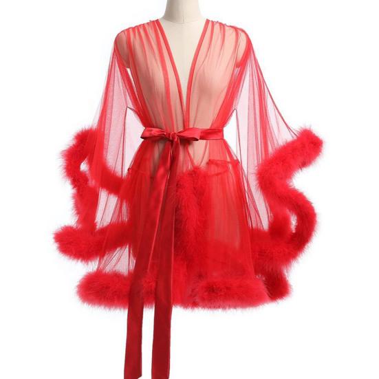 

Жіноча нічна сорочка з плюшевим оздобленням Ультратонка прозора сітчаста оборка з регульованою зав’язкою на талії Одноколірна плісирована розпусна піжама Одяг для сну S червоний