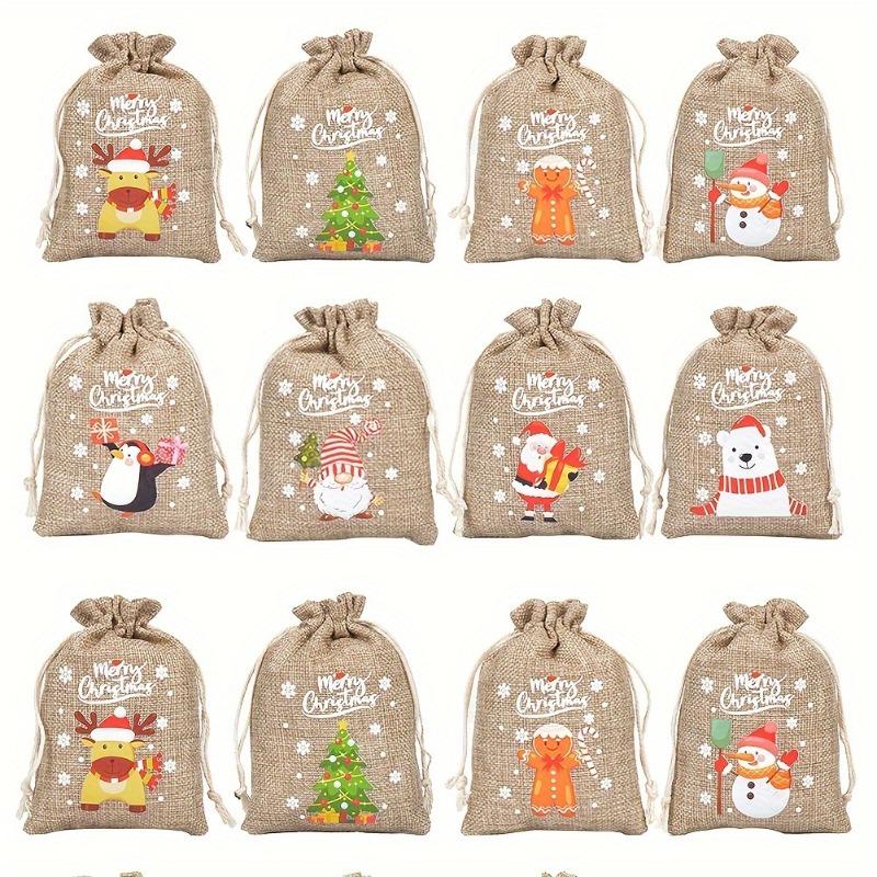 

12Pcs Christmas Burlap Gift Bags – Drawstring Linen Sacks, Reindeer & Tree Designs – Jute Candy Pouches for Holiday Favors Other