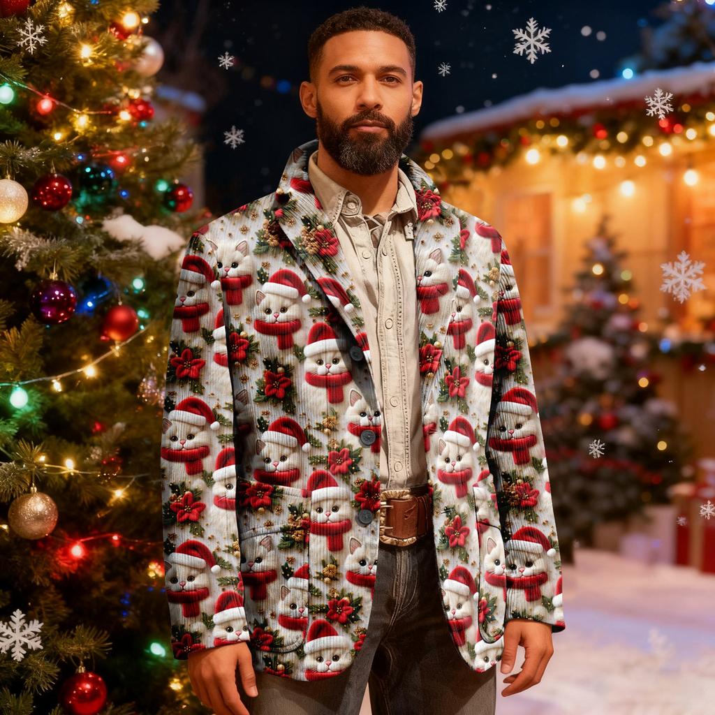 Herren Hässlicher Weihnachten Kord Warmtaschen Anzugjacke Strickjacke Herren Freizeitanzug