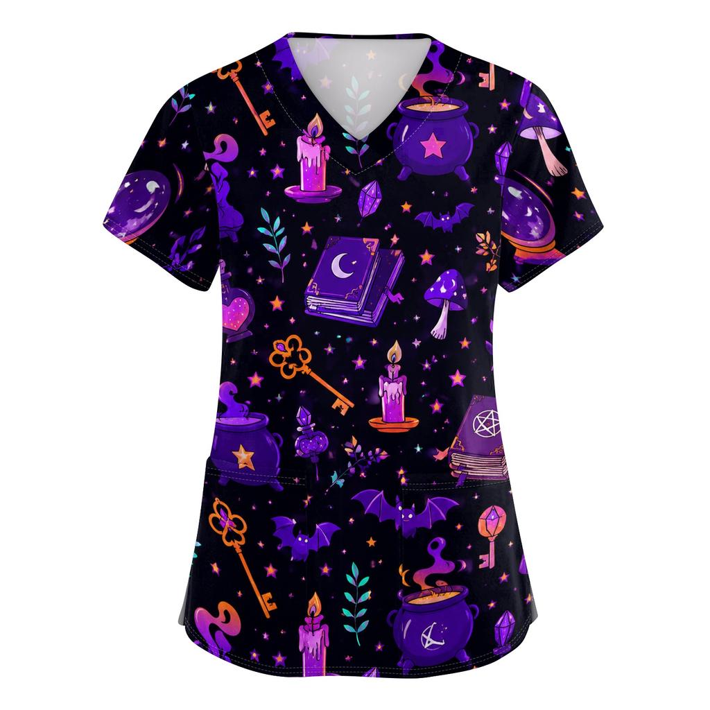 Womens V Neck Halloween Print Short Sleeve Scrub Top with Pocket Side Slit Medical Uniform Shirt for Healthcare Professionals