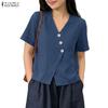 Women Casual V-Neck Solid Color Short Sleeve Cotton Blouse