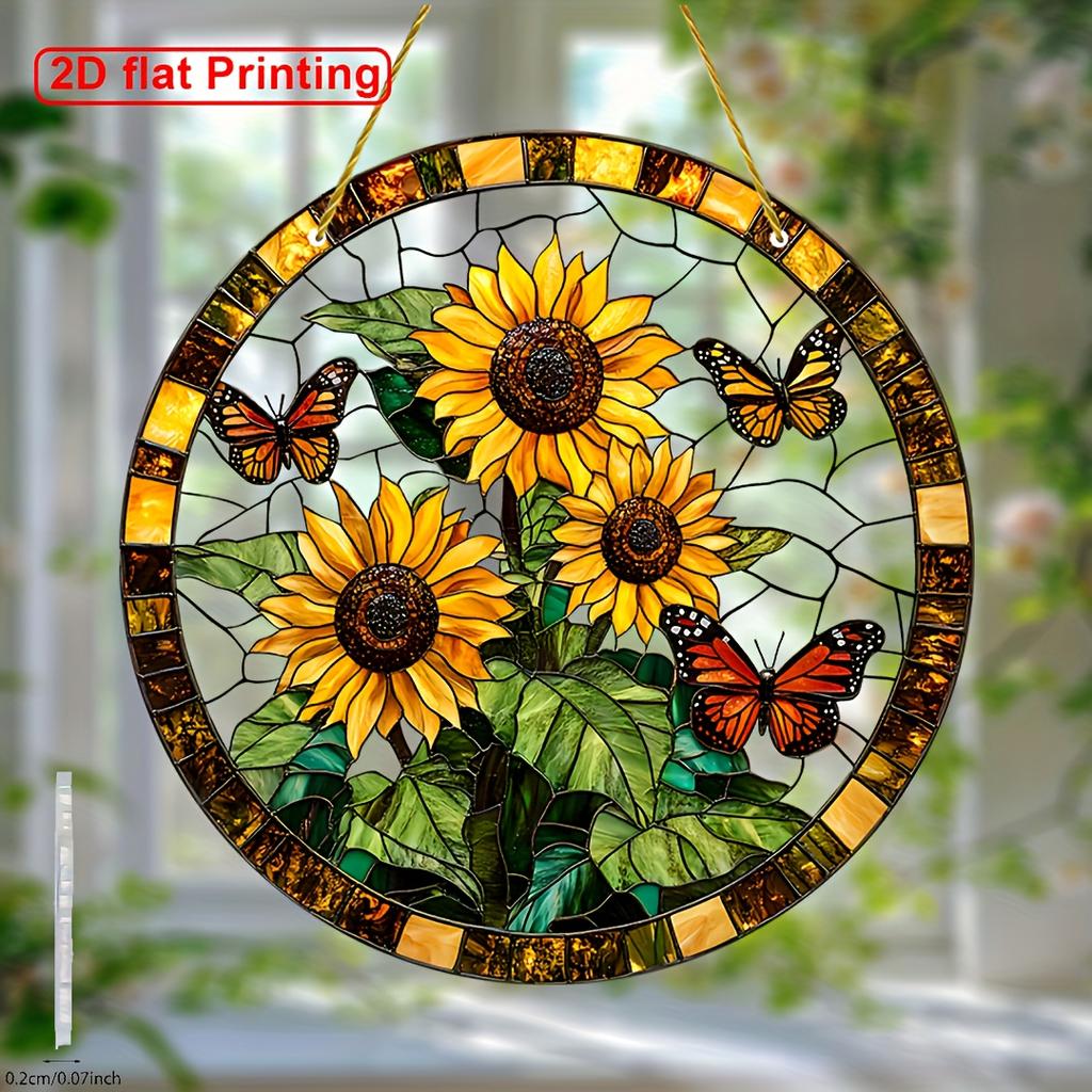 2D Flat Vibrant Sunflower Butterfly Stained Glass-Style Suncatcher Acrylic Hanging Decor for Windows Festive Party Decoration