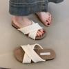 Soft leather version~ Flat bottom cross with cool slippers for women to wear seaside vacation leisure beach with skirt one-word slippers