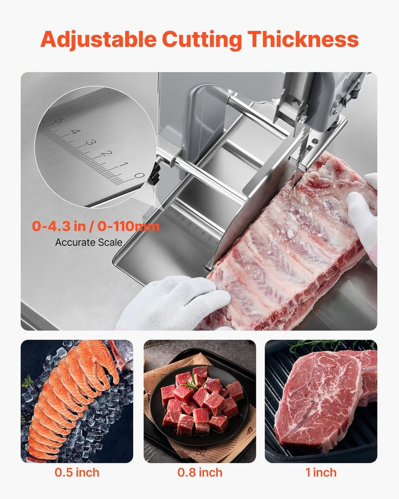 Commercial Electric Meat Bandsaw, 1500W Bone Sawing Machine with 315 X 460 Mm Workbench, 0-110 Mm Cutting Thickness, 7 Extra Replacement Blades, for