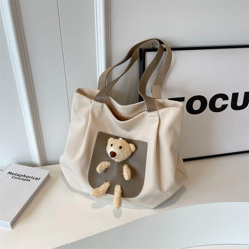 Adorable Large Capacity Canvas Shoulder Bag For Women With Cute Bear Design In Versatile Colors