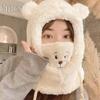 Cute Little Bear Scarf Hat Warm One Piece Hat Female Winter Student Lamb Hair Korean Version Hooded Mask Plush Hat