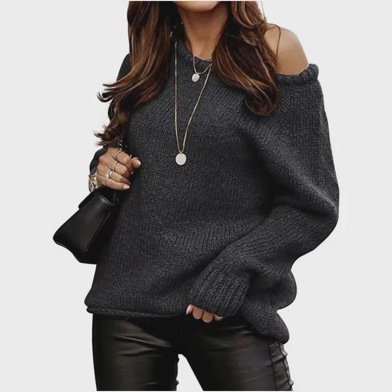 Off-Shoulder Sexy Round Neck Knit Pullover: Solid Color Casual Loose Plus Size Women's Sweater - Autumn/Winter Collection