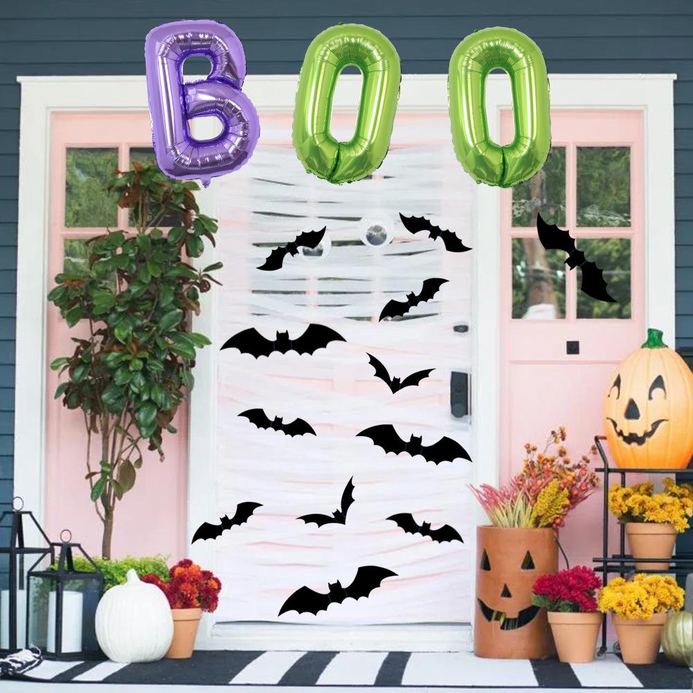 Halloween Decor Set: 3D Bats & 32" BOO Foil Balloons (12 Pieces)
