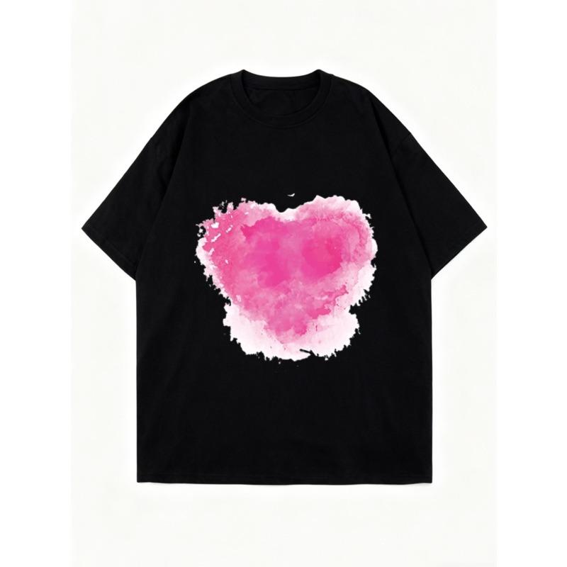 Oversized T Shirt Black Pink Watercolor Heart Print Casual Everyday Wear