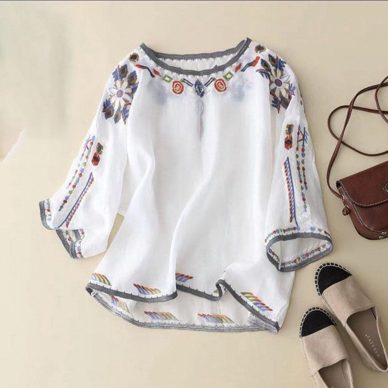 Women's Cotton And Linen Tops Solid Color Stand Collar Embroidered Shirt