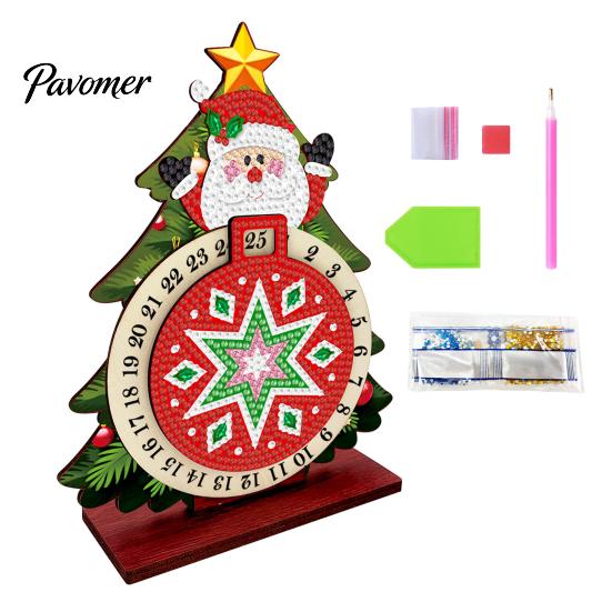 Holiday Countdown Activity Christmas DIY Rhinestone Painting Calendar, 25 Days Rotating Table Decor Tree Advent Wooden Tabletop Ornament for