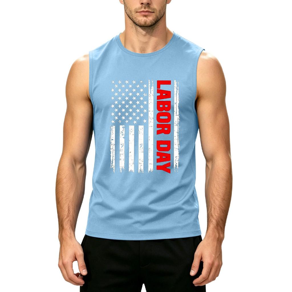 Men's Sleeveless Casual Tank Top with Printed American Flag and Labor Day Text Comfortable Fit for Summer Outdoor Activities