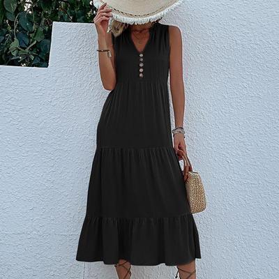 Women's Fashion Summer Spring Solid Color Print Sleeveless V-Neck Casual Dresses