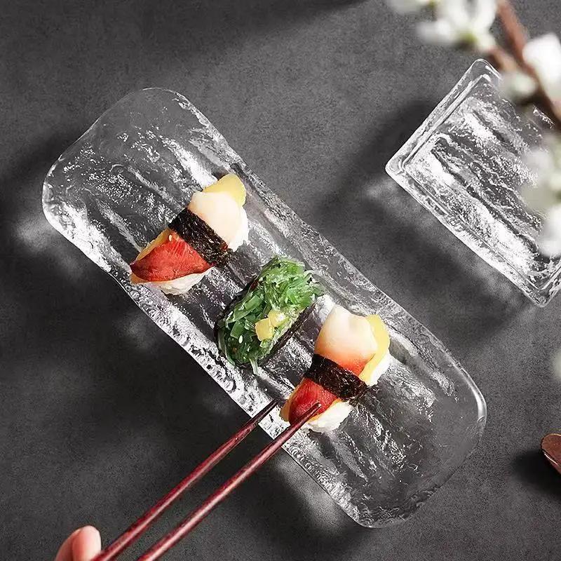 

Японская стеклянная доска для сашими, суши Ice River, кухонная посуда, столовые приборы, ужин, торт, ресторан, бар, семейный сад 23.5cm