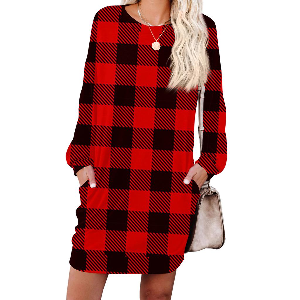 Damen Kariert Modisch Langärmlig Rundhals Taschenkleid