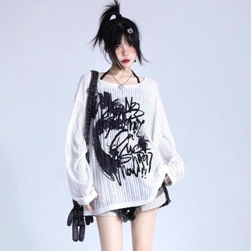 Oversized T-Shirt Women Graffiti Print Off Shoulder Long Sleeve Tees Y2k Tops Ropa Mujer Casual Streetwear Fashion T-shirts