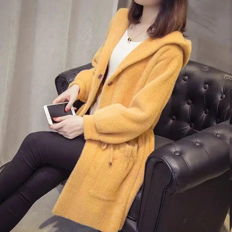 

Зимняя куртка из искусственного норкового бархата, большой размер, свободный длинный свитер, пальто, новый женский толстый теплый вязаный кардиган с капюшоном, пальто S