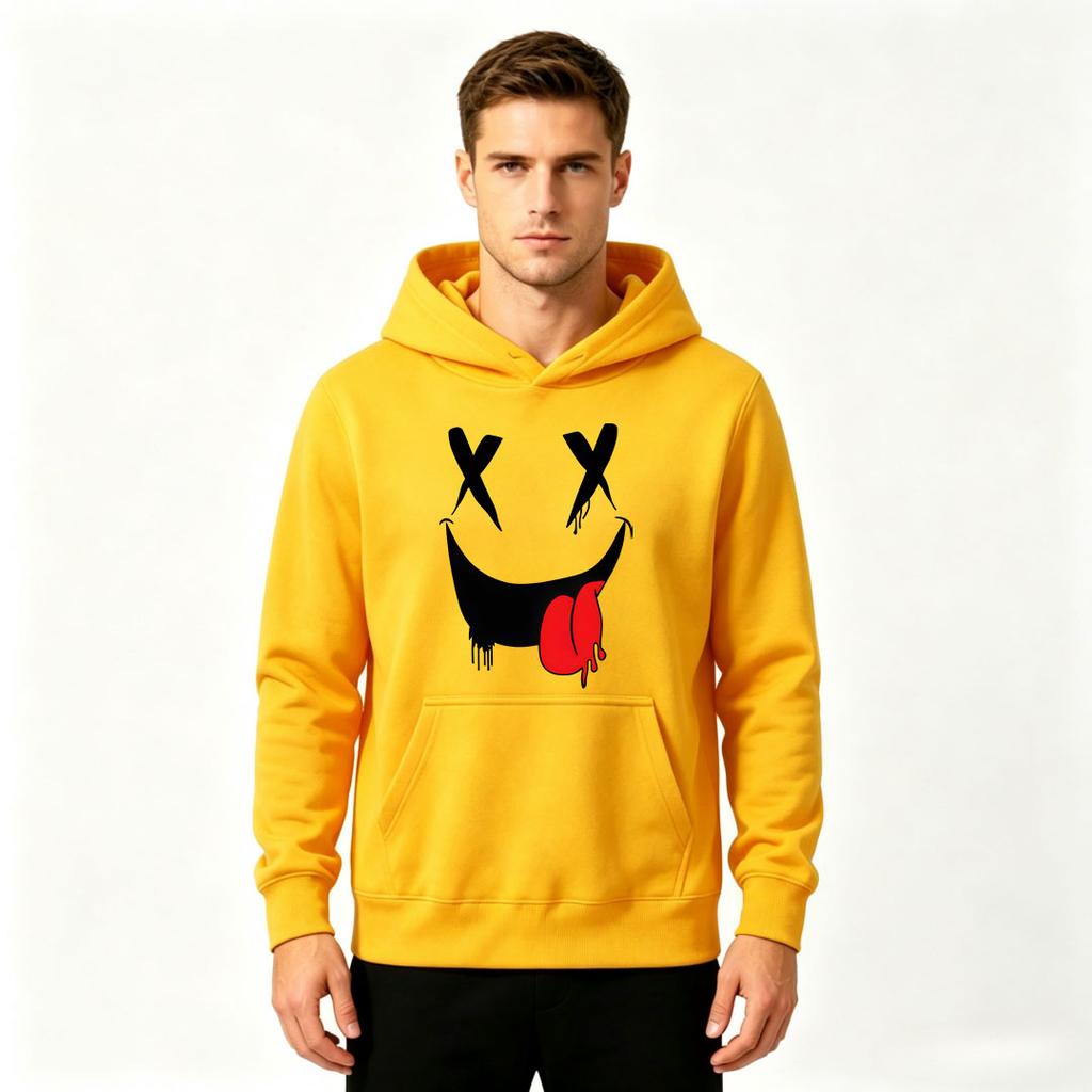 Men's Graphic Print Pullover Hoodie, Funny X Eyes Dripping Smile Pattern Casual Long Sleeve Sweatshirt