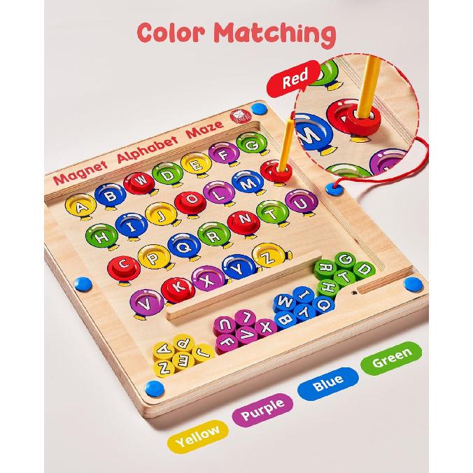 Magnetic Alphabet Maze Board, Educational Learning & Color Sorting Toys, Color Puzzles, ABC Alphabet Magnets Fine Motor Skills Toy for 3 4 5 Year Old