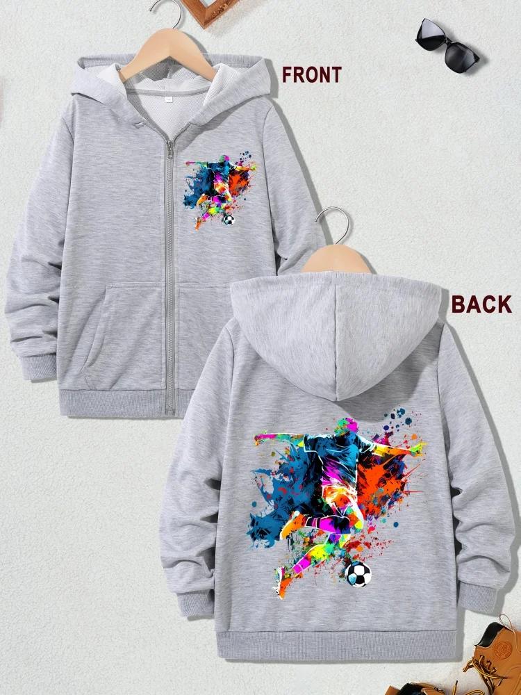 Kids Zip Up Hoodie Color Splash Soccer Player Print Long Sleeve Loose Hooded Jacket For Boys Girls Sports Daily Outerwear