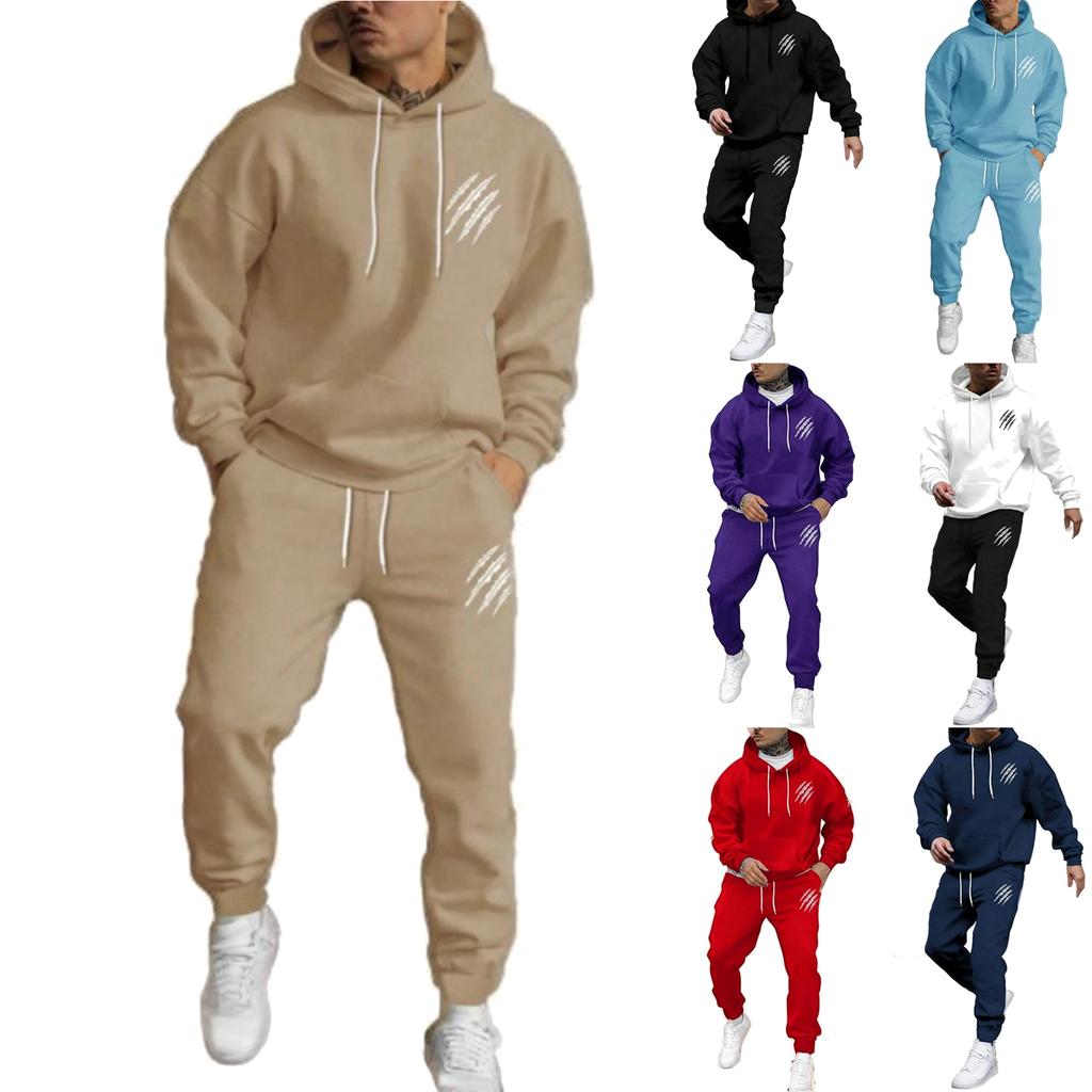 Men's Casual Solid Color -printed Sweatshirt Set, Men's Fleece Hooded Drawstring Sweatshirt And Sweatpants Two-piece Set