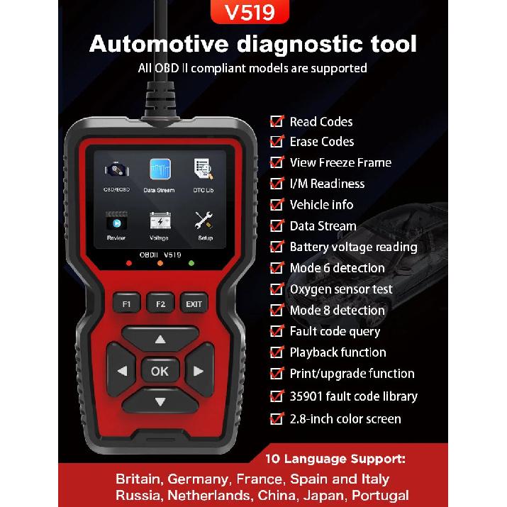 V519 OBD2 Scanner Diagnostic Auto Scan Tool Tools Supports 10 Language OBDII Fixd Scanner Code Reader with 2.8-inch Color Screen